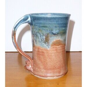 Handmade Pottery Mug Signed Kathryn Blue Brown Glaze 5" tall ~ Sand & Water look